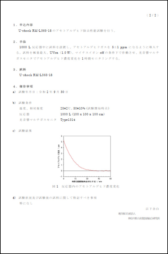 報告書「U-shock RM-L365-18によるアセトアルデヒド除去性能試験」裏面